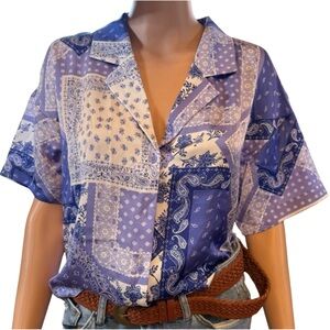 NWT Pleione Blue Patchwork Bandana Print‎ Button-Up Blouse - Size XL
